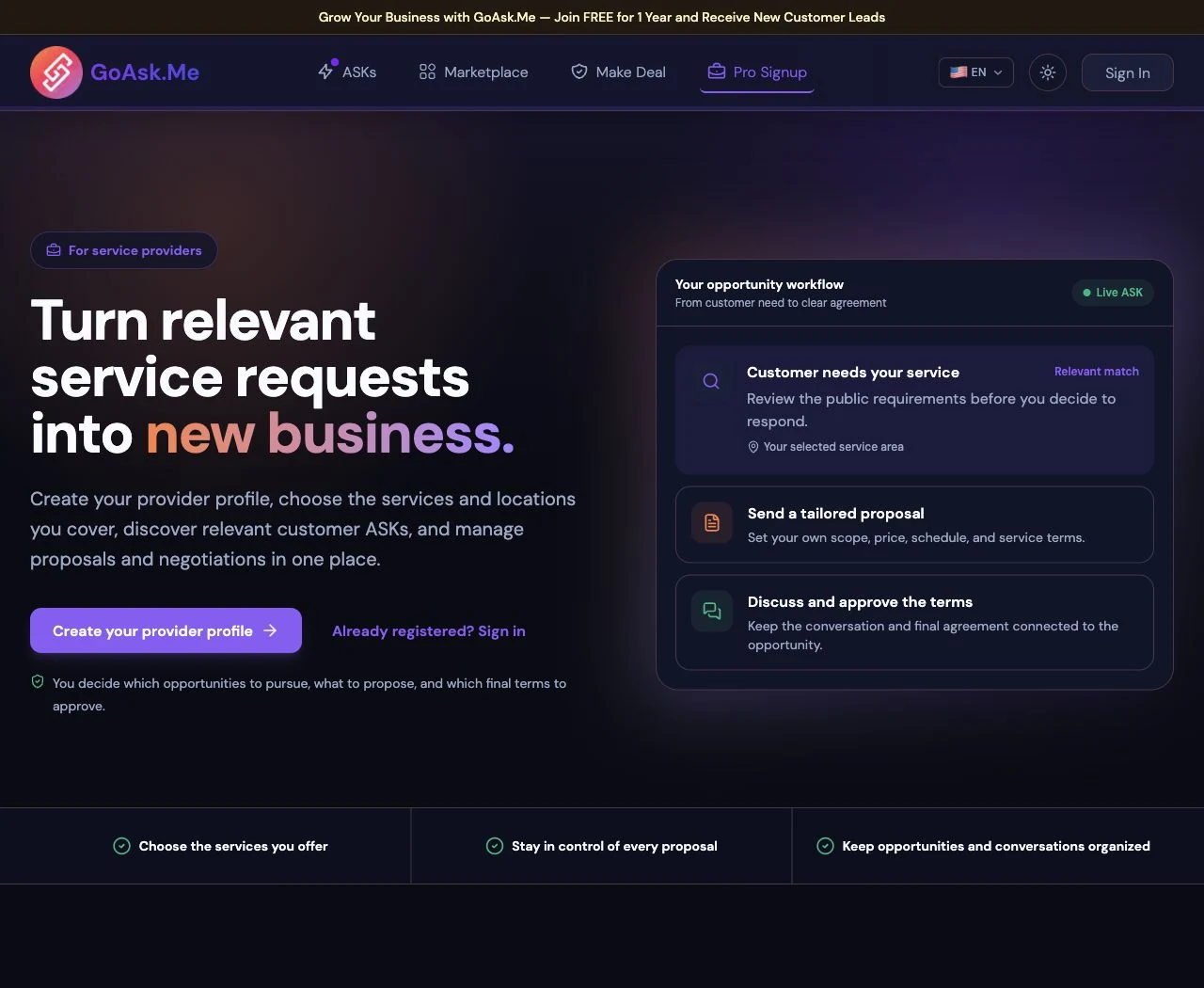 GoAsk.Me provider signup page explaining matching, proposals and approval of commercial terms.