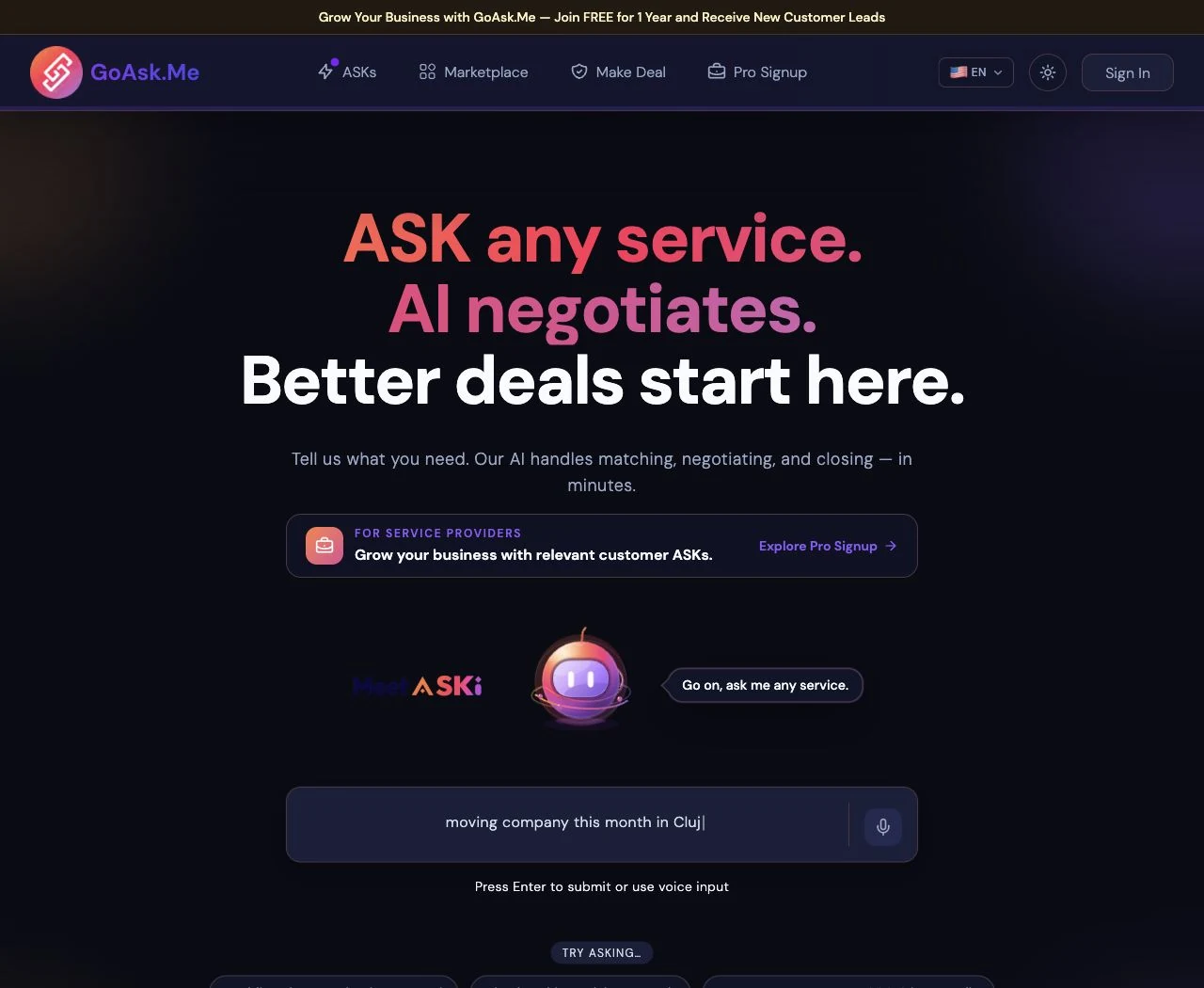 GoAsk.Me homepage with its service-request field and example requests.