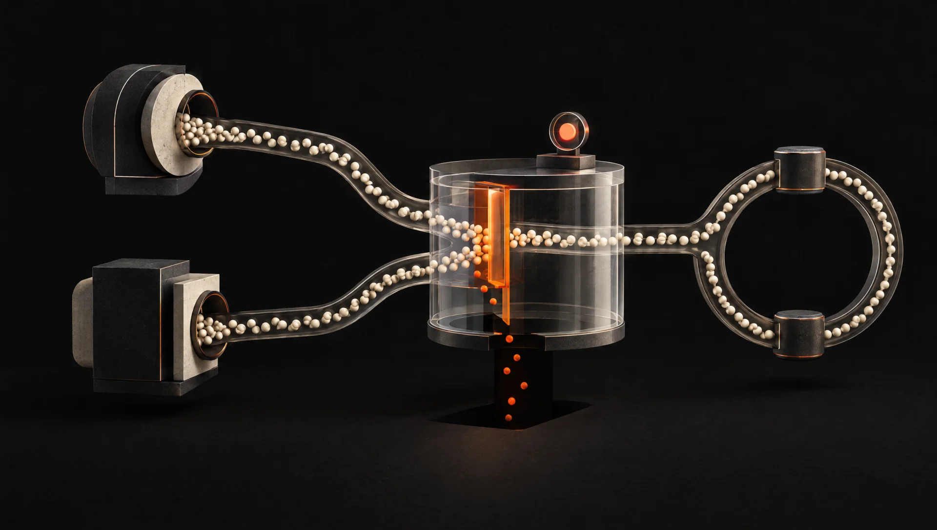 Conceptual illustration of two advertising data streams passing through an orange review gate, with visible budget leakage and a monitored loop.
