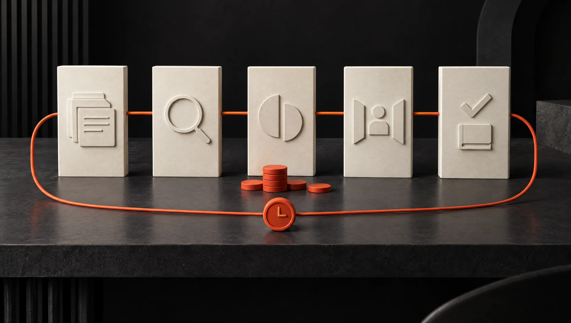 Five connected review stages representing reporting, investigation, experimentation, approval and verification