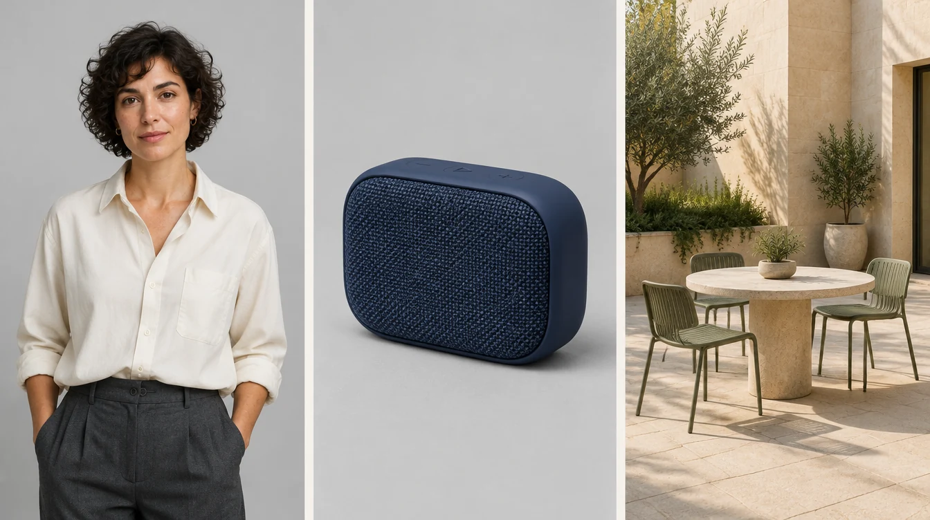 Illustrative reference board with a character portrait, navy speaker, and empty stone courtyard.