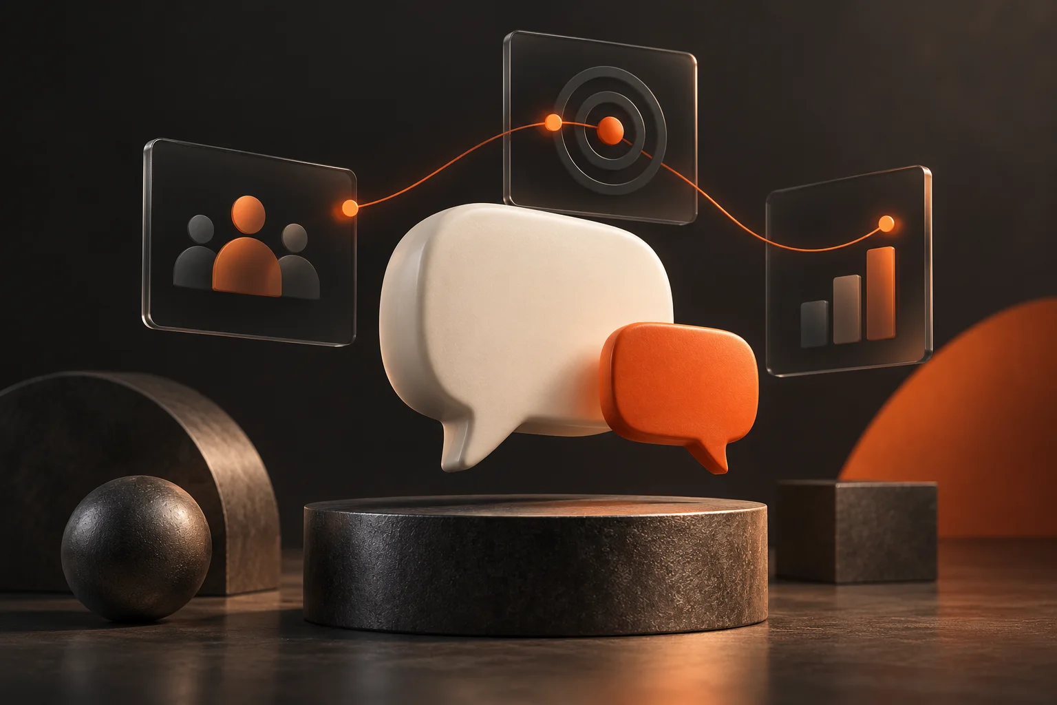 Sculptural conversation bubbles connected to audience, targeting and campaign measurement cards.