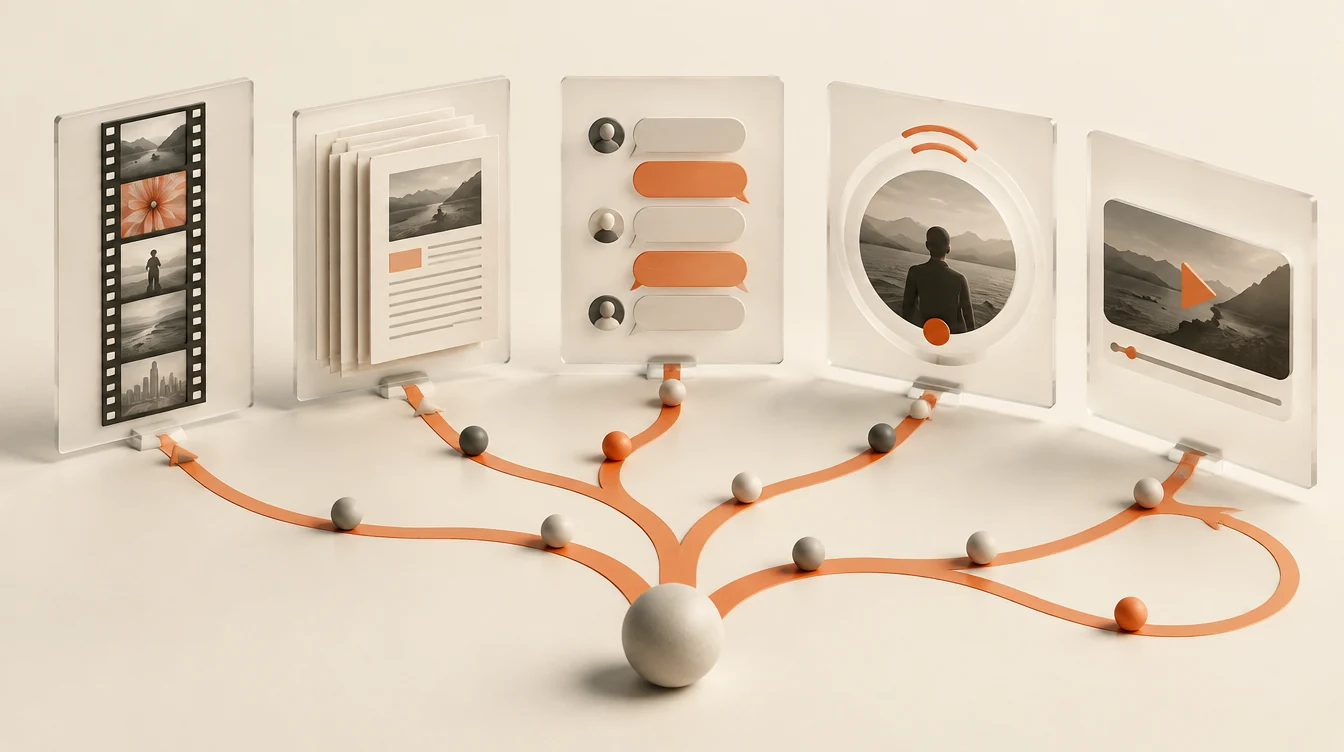 Five abstract content panels connected by branching paths to audience spheres, representing different social discovery and participation mechanisms.