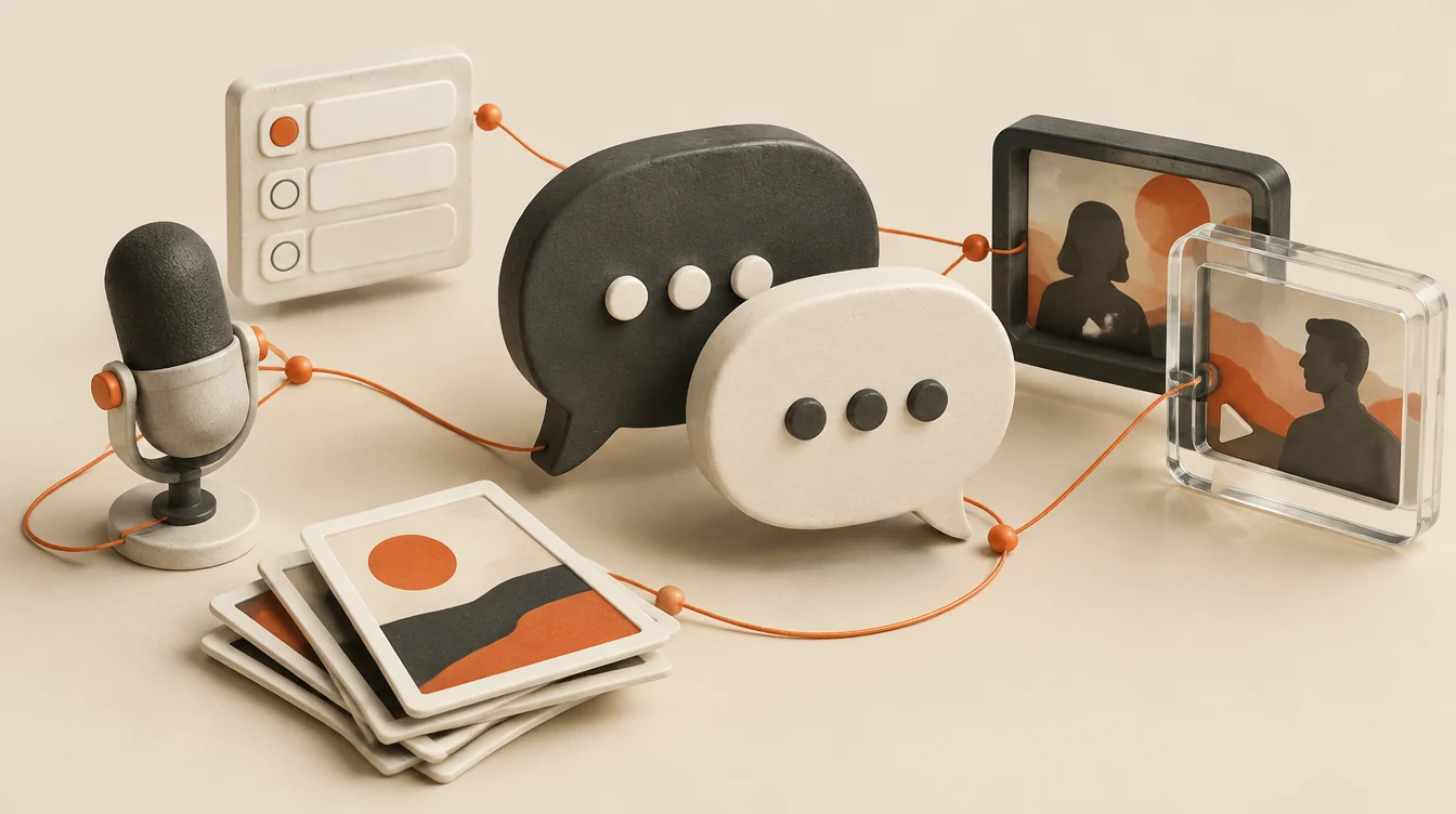 Conceptual illustration of conversation, voting, voice, photo responses, and collaborative video.