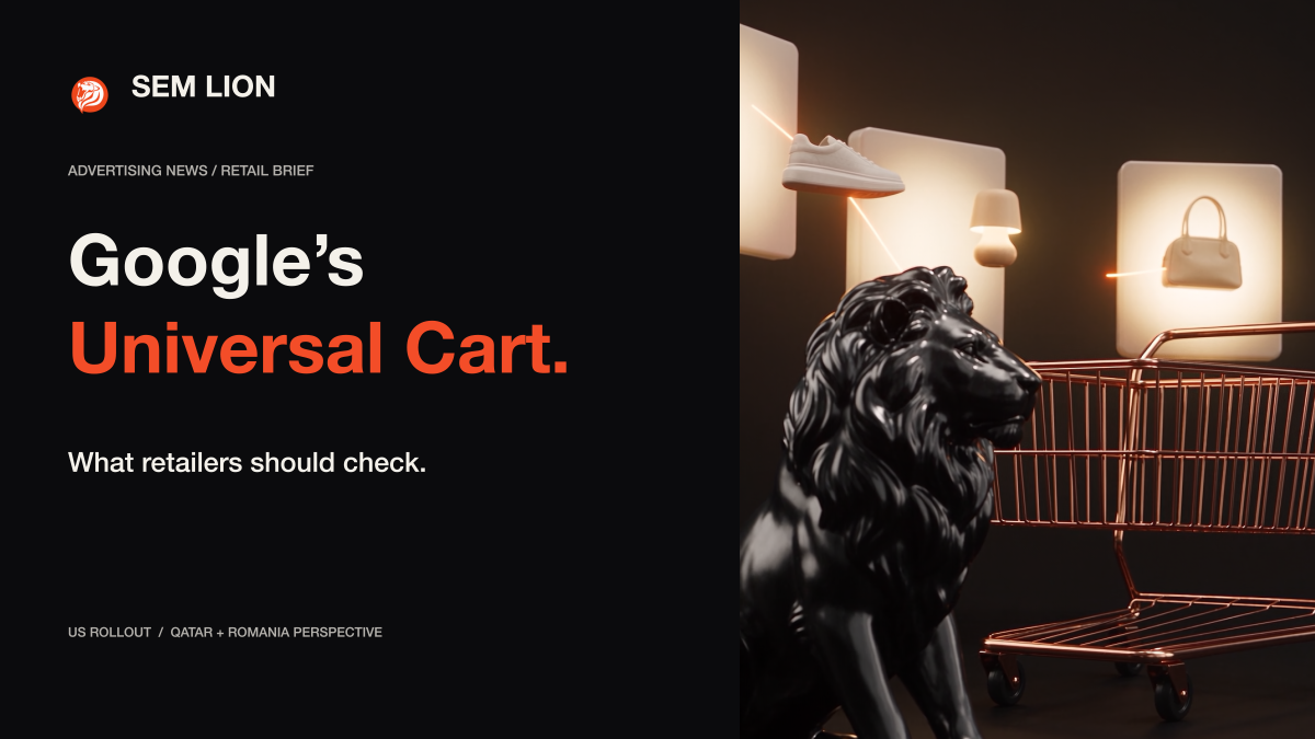 SEM Lion Google Universal Cart retail brief, with an illustrated lion and copper shopping cart.